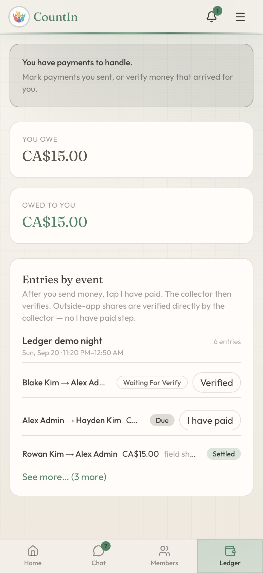 Showcase United ledger: CA$15 owed and CA$15 owed to you, with field shares to verify or mark paid